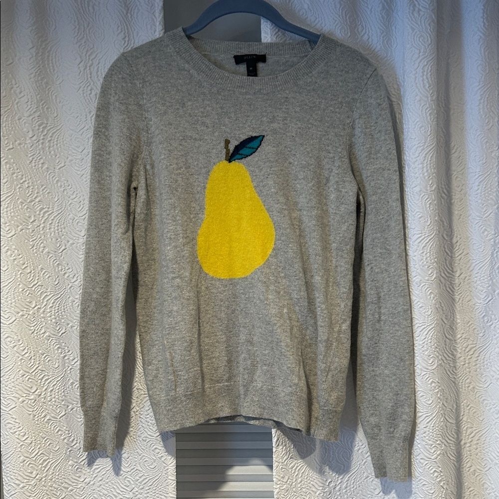 J. Crew Gray Crewneck Sweater with Yellow Pear Motif